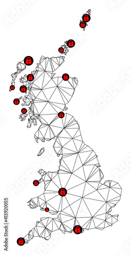 Polygonal mesh lockdown map of Great Britain. Abstract mesh lines and locks form map of Great Britain. Vector wire frame 2D polygonal line network in black color with red locks.