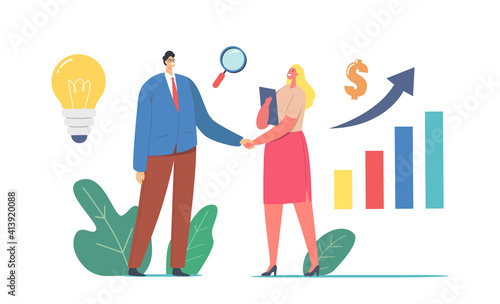 Successful Business Collaboration. Businessman and Businesswoman Characters Shaking Hand. B2b Data or Key Performance