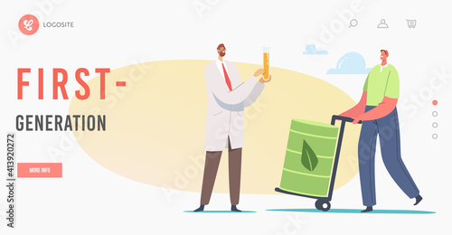 First Generation of Biofuel Landing Page Template. Chemist Holding Glass Flask with Eco Petrol, Worker with Barrel