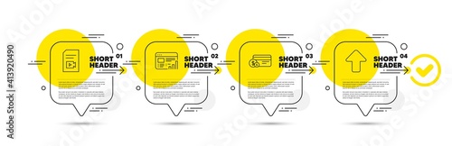 Payment method, Web report and Video file line icons set. Timeline infograph speech bubble. Upload sign. Cash or non-cash payment, Graph chart, Vlog page. Load arrowhead. Technology set. Vector