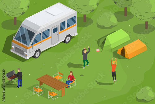 Vector illustration camping. Camping. Camping bus parking, people tents. Country rest. Isometry