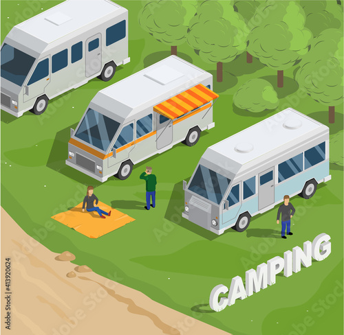Vector illustration camping. Camping. Camping bus parking, people tents. Country rest. Isometry