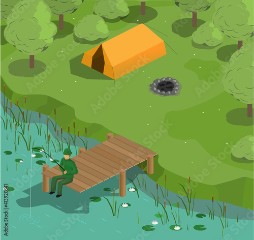 Vector illustration of a camping. Camping. Fishermen on the lake. Tents, people, forest. Country rest. Isometry