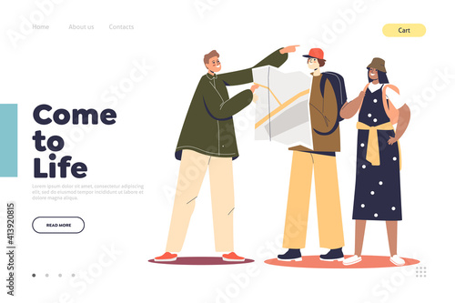 Help tourists concept of landing page with man showing couple of travelers right way on map