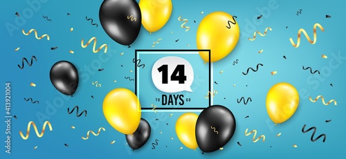 Fourteen days left icon. Countdown speech bubble. Balloon confetti background. 14 days to go sign. Days to go birthday balloon. Celebrate countdown banner. Counter background. Vector