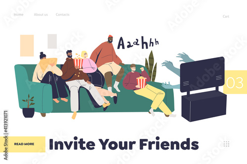 Invite friends for watching film at home landing page with group of people watching tv or movie