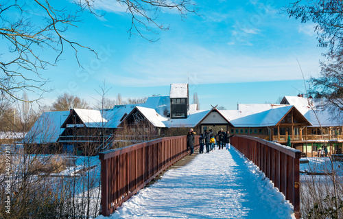 wooden bridge in winter photo