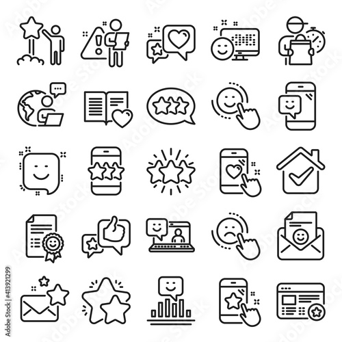 Feedback line icons. Set of User Opinion, Customer service and Star Rating icons. Testimonial, Positive negative emotion, Customer satisfaction. Social media feedback, star rating technology. Vector