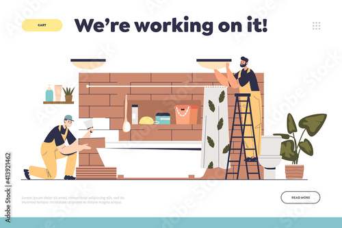 Working on renovation and repair in bathroom concept of landing page with tiler and electrician