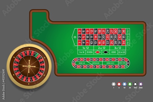 European roulette. Template for online casino and website. Roulette wheel, track for call bets and game chips. Vector illustration