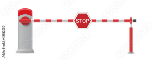 Car barrier with stop sign. Construction barricade, road block for parking entrance