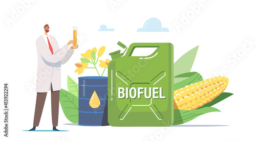 Tiny Scientist Chemist Character Holding Glass Flask with Liquid Eco Petrol Stand at Huge Biofuel Canister with Plants