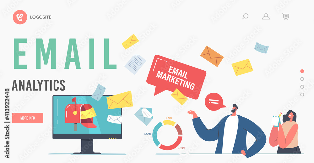 Email Analytics Landing Page Template. E-mail Marketing. Business Characters at Huge Computer Desktop with Envelopes Email Analytics Landing Page Template. E-mail Marketing. Business Characters at Huge Computer Desktop with Envelopes