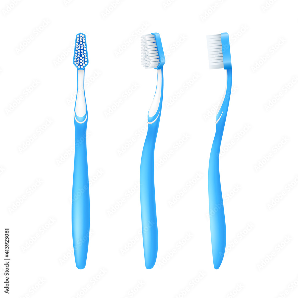 Realistic toothbrush from different sides isolated on white background, 3d tooth brush Realistic toothbrush from different sides isolated on white background, 3d tooth brush