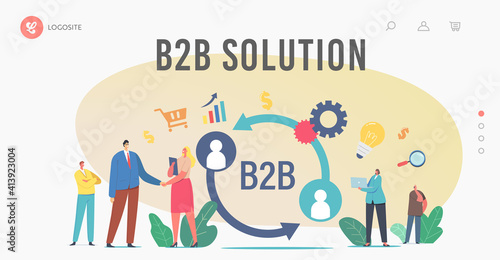 B2B Solution, Partnership Collaboration Landing Page Template. Businessman and Businesswoman Characters Shaking Hands
