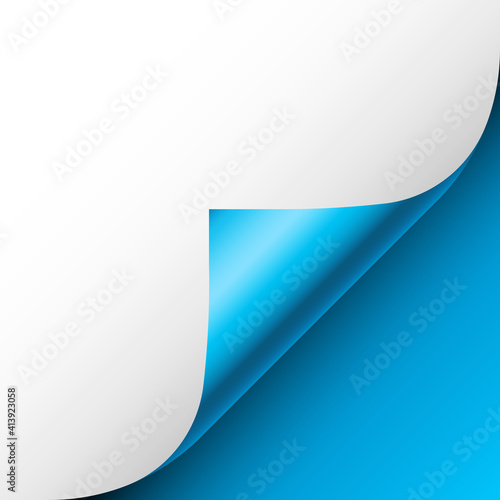 Blue paper curl. Curled page corner with shadow. Blank sheet of paper. Colorful shiny foil. Design element for advertising and promotion. Vector illustration.