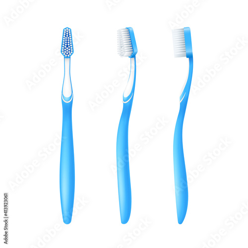 Realistic toothbrush from different sides isolated on white background, 3d tooth brush