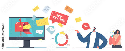 Email Marketing Technology Concept. Tiny Businessman and Businesswoman Characters Stand at Huge Computer Desktop