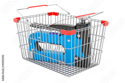 Shopping basket with staple gun, 3D rendering