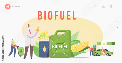 Characters Refueling Car with Biofuel on Station Landing Page Template. Man Pumping Eco Petrol, Gasoline for Auto
