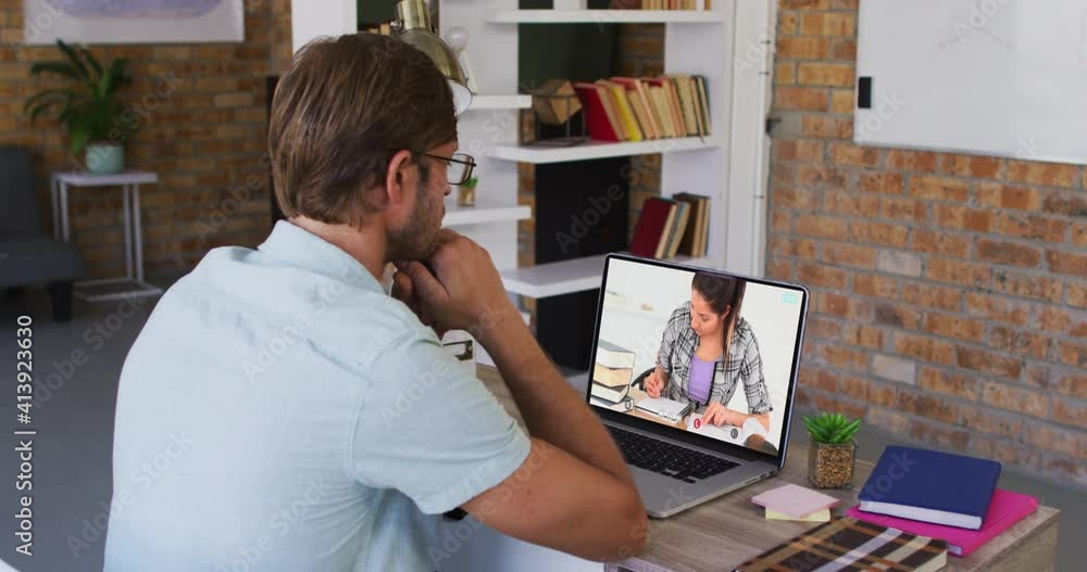 Caucasian male teacher using laptop on video call with female student Caucasian male teacher using laptop on video call with female student
