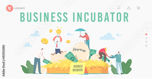 Business Incubator Landing Page Template. Businesspeople Male and Female Tiny Characters Growing Startup Egg in Nest