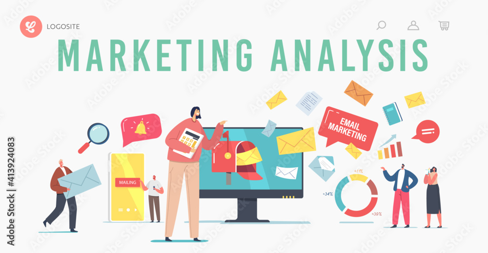 Marketing Analysis Landing Page Template. Email Digital Marketing, Online Communication. Business Characters at Pc