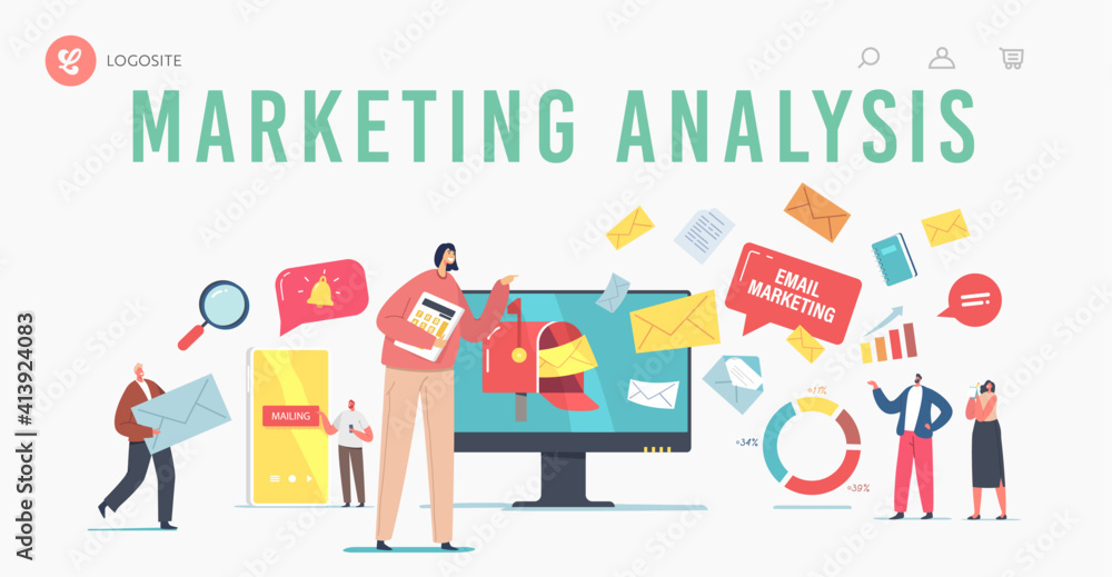 Marketing Analysis Landing Page Template. Email Digital Marketing, Online Communication. Business Characters at Pc Marketing Analysis Landing Page Template. Email Digital Marketing, Online Communication. Business Characters at Pc