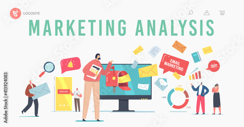 Marketing Analysis Landing Page Template. Email Digital Marketing, Online Communication. Business Characters at Pc