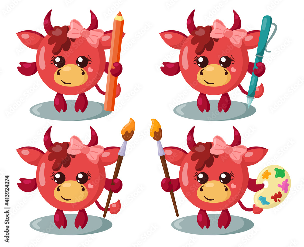 Set of funny cute kawaii cow with round body, pencil, pen, brush and palette in flat design with shadows. Isolated animal vector illustration Set of funny cute kawaii cow with round body, pencil, pen, brush and palette in flat design with shadows. Isolated animal vector illustration