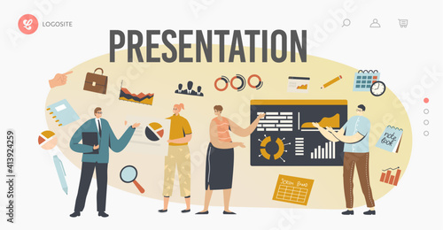 Business Presentation Landing Page Template. Company Leader or Coach Character Pointing on Charts to Employees