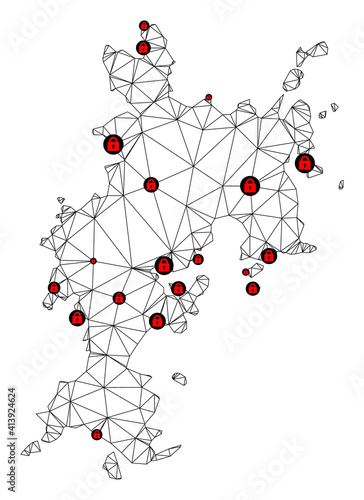 Polygonal mesh lockdown map of Komodo Island. Abstract mesh lines and locks form map of Komodo Island. Vector wire frame 2D polygonal line network in black color with red locks.