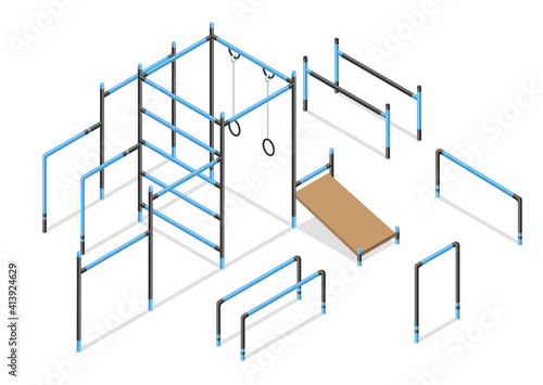 Workout isometric street area elements. Outdoor gymnastic or athletic gym equipment isolated on white. City public park street workout zone. Sport park constructor