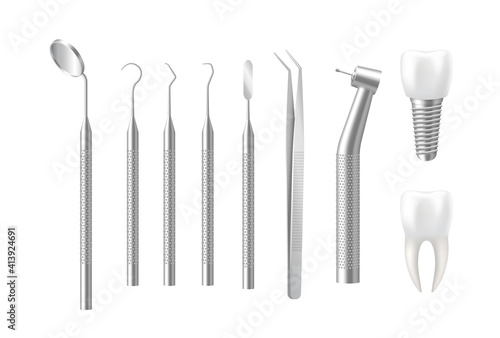 3d tooth, implant and dental tools set. Realistic teeth with stainless dentist equipment