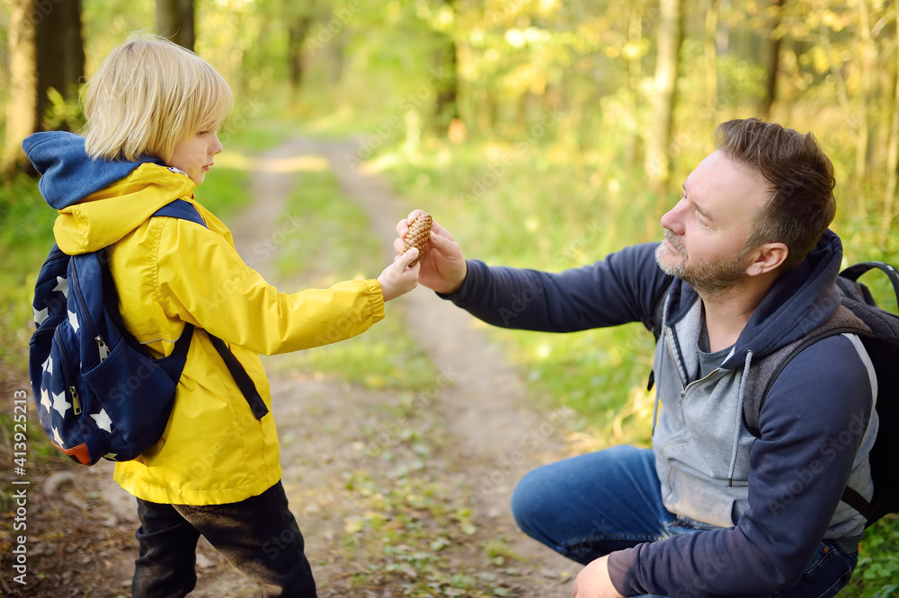 Fototapeta premium Cute schoolchild and his mature father hiking together and exploring nature. Little boy with his dad spend quality family time together in the sunny summer forest.