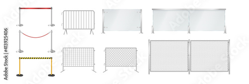 Set of portable fences: glass and metal barriers, belt and rope control isolated