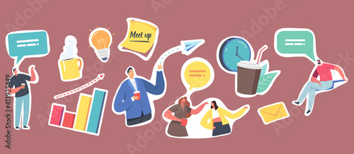 Set Stickers Business Meetup. Corporate Employees Characters, Paper Airplane and Light Bulb, Coffee Cup, Speech Bubble
