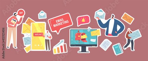 Set of Stickers Email Marketing Theme. Business Characters with Paper Envelopes, Computer Desktop, Ringing Bell