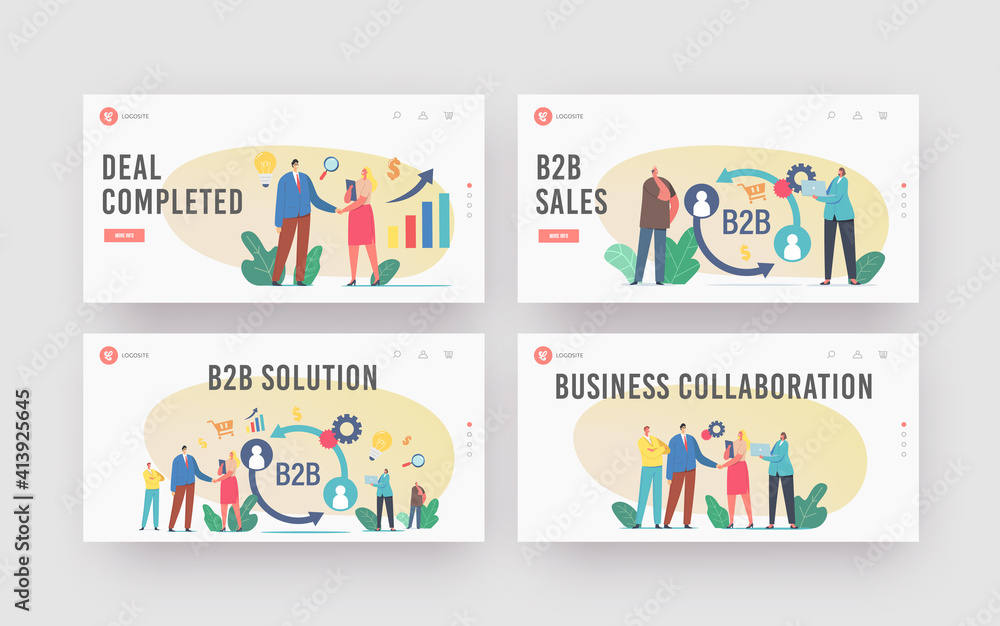 B2B Solution, Partnership Collaboration Landing Page Template Set. Businessman and Businesswoman Characters Shaking Hand