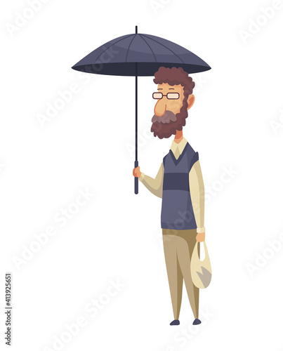 Bad windy rainy weather funny cartoon people icon. Man with umbrella standing under rain. Character with parasol