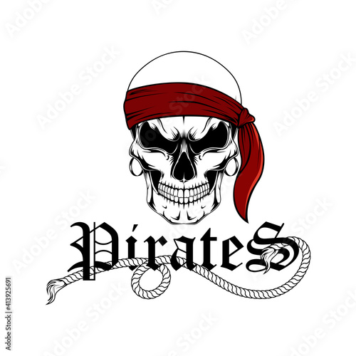Vector image of a pirate skull with a red bandage on his head.