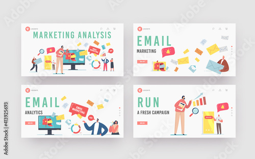 Email Marketing AnalysisLanding Page Template Set. Character at Mailbox with Envelopes Flying Out. Spam, Correspondence