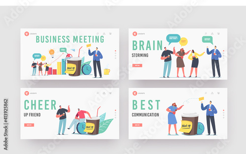 Colleagues Meetup Landing Page Template Set. Business Characters on Coffee Break, People Communicating