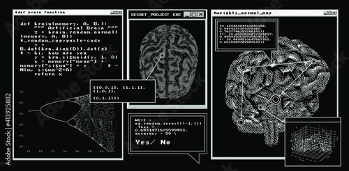 Futuristic sci-fi user interface with research data, Magnetic resonance imaging of the Human brain. HUD UI with callout bar labels, information boxes, digital data charts.