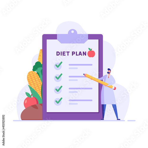 Diet plan illustration. Nutritionist doctor planning diet with fruit and vegetable. Concept of dietary eating, meal planning, nutrition consultation, healthy food. Vector illustration for web design