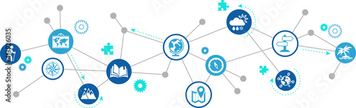 Geography vector illustration. Concept with icons related to science class, school, travel, navigation, geographic location or knowledge, or cartography.
