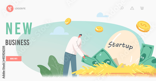 Profitable Idea, Start Up Project in Incubator Landing Page Template. Tiny Businessman Character Take Bills from Nest