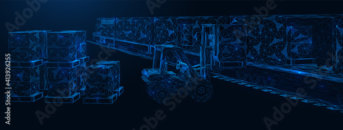 International railway cargo delivery. The forklift truck loads the goods into the train container. Polygonal construction. Blue background.