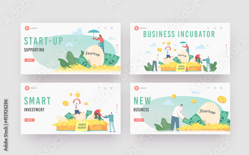 Business Incubator Landing Page Template Set. Businesspeople Male and Female Tiny Characters Growing Startup Egg in Nest