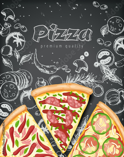 Color pizza poster. Savoury pizza ads with 3d illustration rich toppings dough on engraved style chalk doodle background. Vector banner for cafe, restaurant or food delivery service. Top view